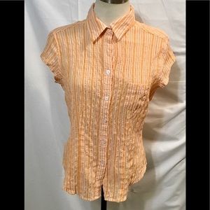 New York & Co. Orange & White Striped Button Up Short Sleeve Top